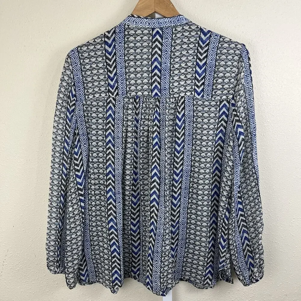 Lucky Brand Mixed Print Beaded Peasant Top Womens L Large Blue Boho Semi Sheer - Picture 4 of 4
